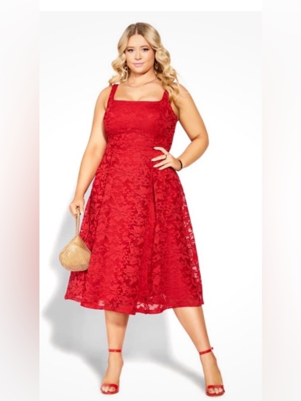 City Chic Red Lace Square-Neck Midi Dress